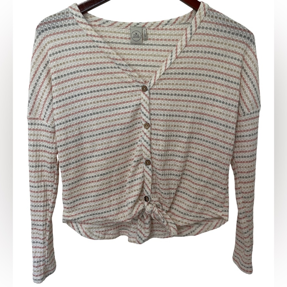 Paper Crane Women's XS Off White Waffle Knit Tie Front Striped Long Sleeve Top